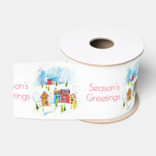 Season's Greetings watercolour snowy township Grosgrain Ribbon