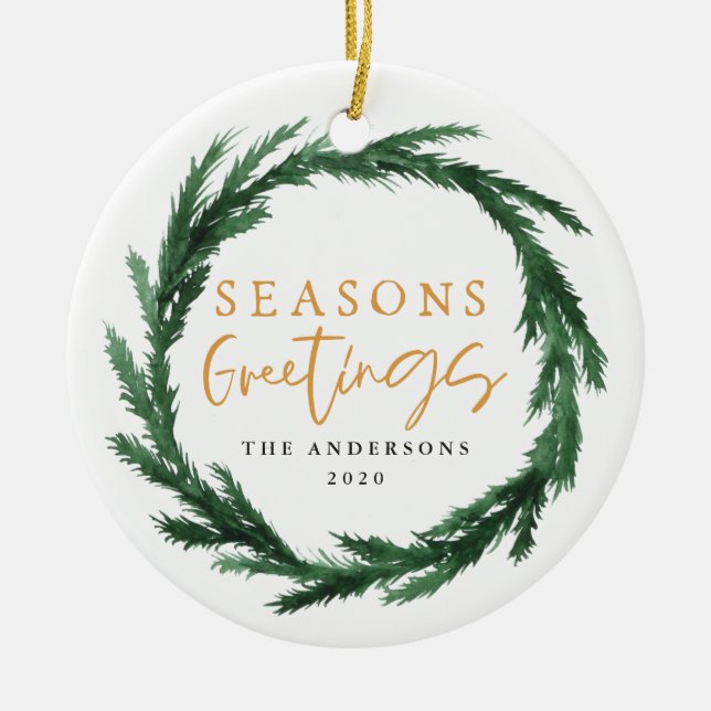 Seasons greetings watercolour wreath ceramic tree decoration (Front)