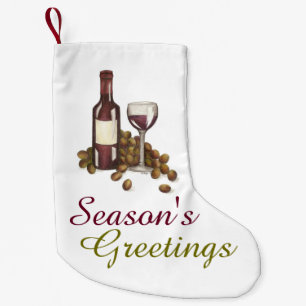 Season's Greetings Wine Glass Grapes Bottle Vino Small Christmas Stocking