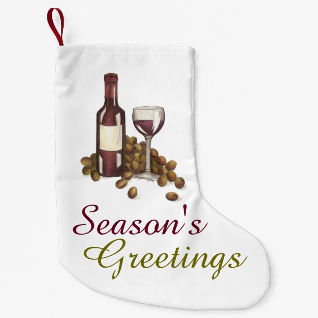 Season's Greetings Wine Glass Grapes Bottle Vino Small Christmas Stocking (Front)