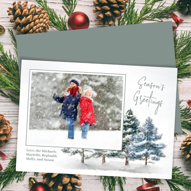 Season's Greetings Winter Pine Photo Holiday Card (Season's Greetings woodland holiday photo card.)