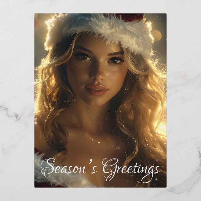 SEASON'S GREETINGS with beautiful Santa Angel  Foil Holiday Postcard (Front)