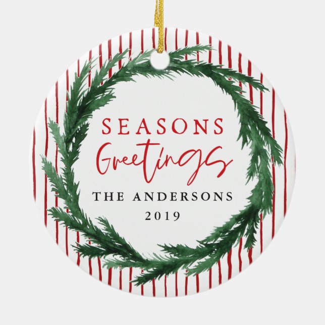 Seasons greetings wreath + stripe Christmas photo Ceramic Tree Decoration (Back)