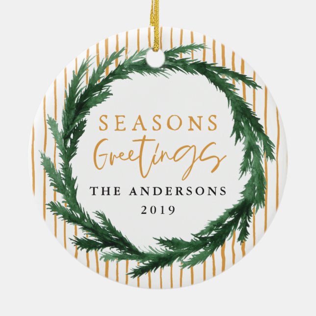 Seasons greetings wreath + stripe Christmas photo Ceramic Tree Decoration (Back)