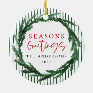 Seasons greetings wreath + stripe Christmas photo Ceramic Tree Decoration