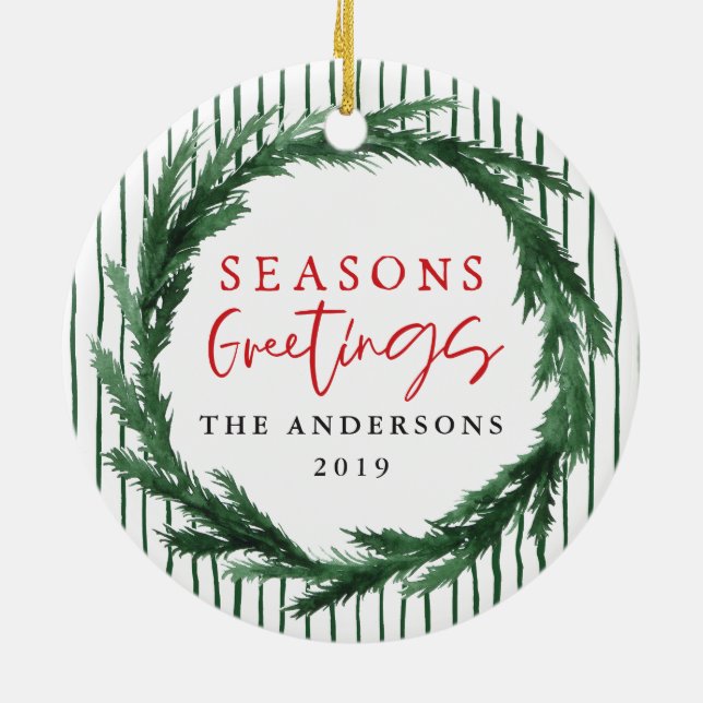 Seasons greetings wreath + stripe Christmas photo Ceramic Tree Decoration (Back)