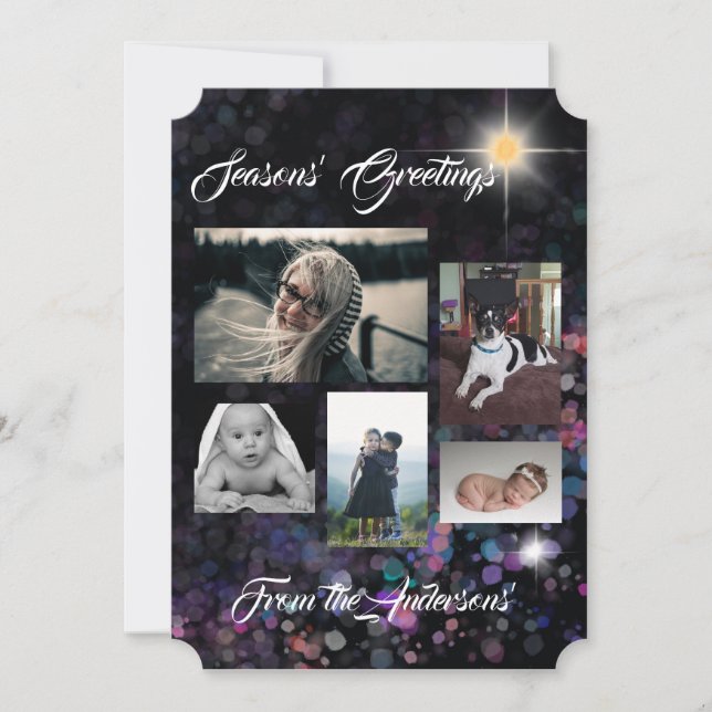 Seasons’ Greetings your photos on black glitter Holiday Card (Front)
