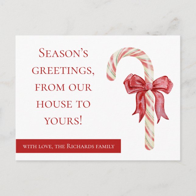 Seasons greets holiday postcard candy cane bow (Front)