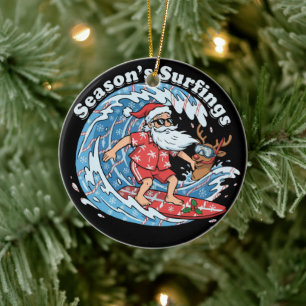 Season's Surfings Funny Surfing Santa Hawaiian Ceramic Tree Decoration