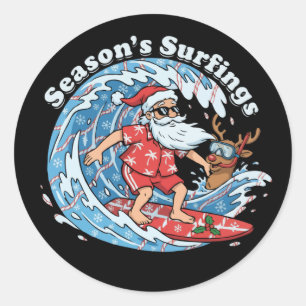 Season's Surfings Funny Surfing Santa Hawaiian Classic Round Sticker