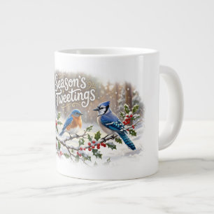 Season's Tweetings Colorful Birds on Snowy Holly Large Coffee Mug