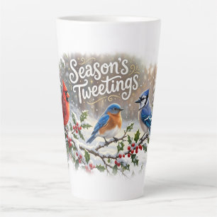 Season's Tweetings Colorful Birds on Snowy Holly Latte Mug