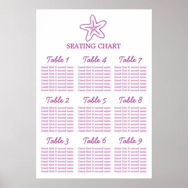 Seastar starfish Wedding Seating Table Planner 1-9 Poster (Front)