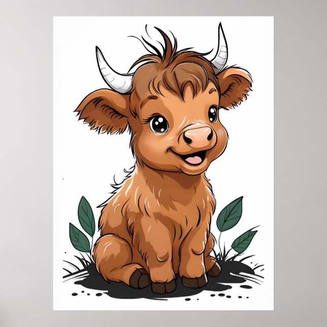 Seated Baby Highland Cow Nursery Art Poster (Front)