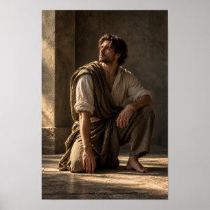 Seated Barefoot Man in Warm Sunlit Interior Figura Poster