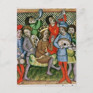 Seated crowned figure surrounded by musicians postcard