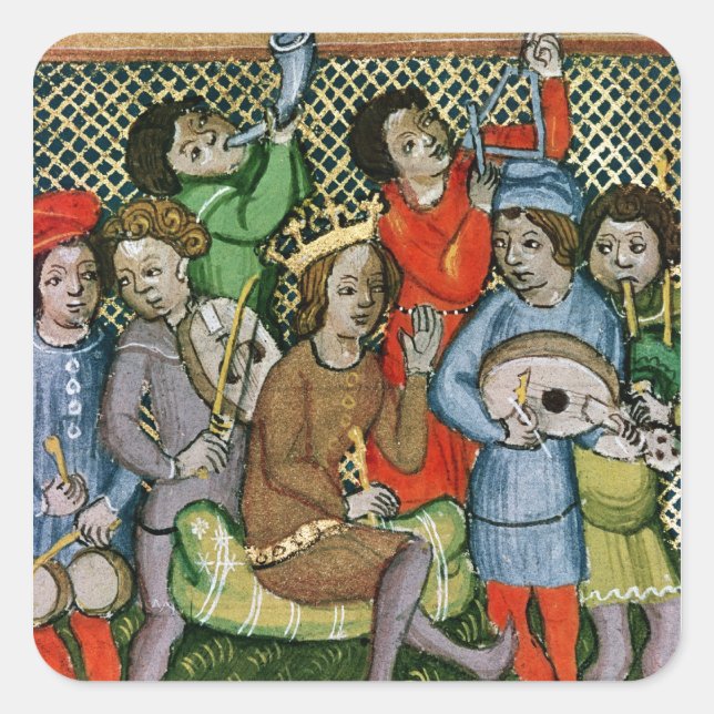 Seated crowned figure surrounded by musicians square sticker (Front)