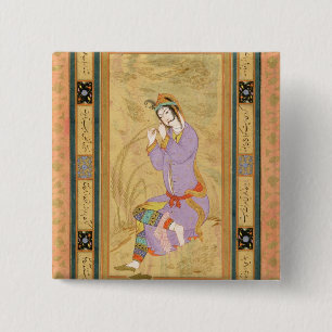 Seated girl curling her hair into ringlets, from t 15 cm square badge