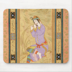 Seated girl curling her hair into ringlets, from t mouse mat