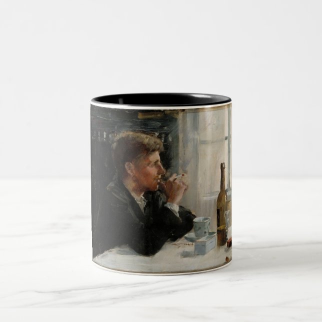 Seated Man Lost in Thought at the Table Two-Tone Coffee Mug (Center)