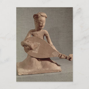 Seated musician playing a lute, from postcard