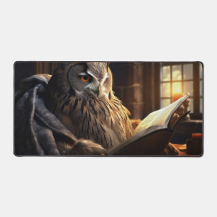 Seated owl reading a book desk mat