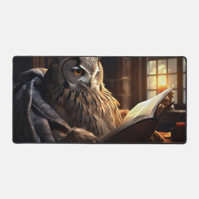 Seated owl reading a book desk mat (Front)