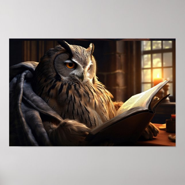 Seated owl reading a book poster (Front)