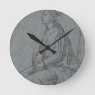 Seated Woman, c.1514 (black & white chalk on blue- Round Clock