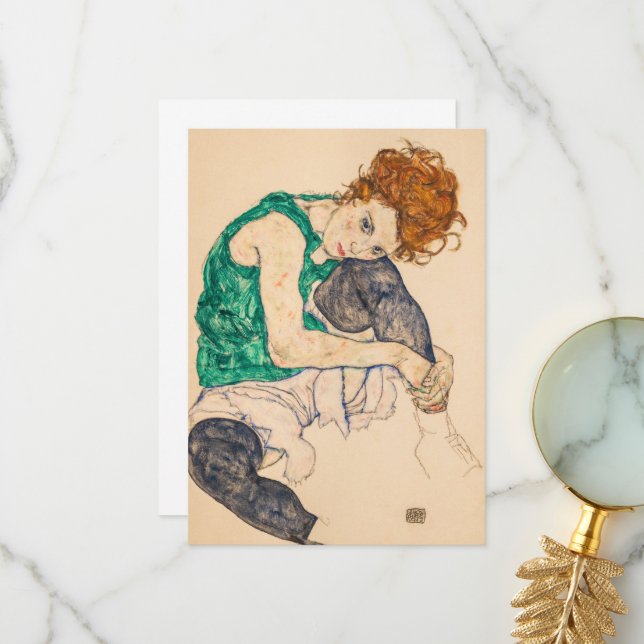 Seated Woman with Bent Knee by Egon Schiele Thank You Card (Front/Back In Situ)