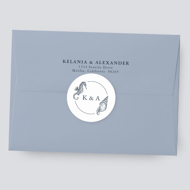 SEATERNAL Seahorse & Sea Shell Wedding Monogram Classic Round Sticker (Creator Uploaded)