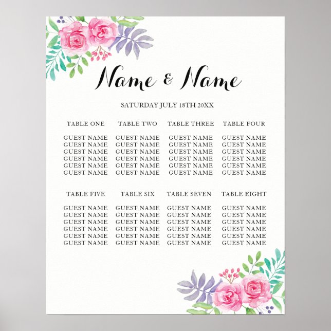 Seating 8 Table Poster Wedding Floral Watercolour (Front)