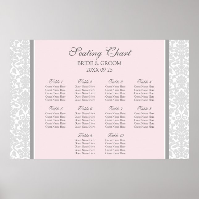 Seating Chart 10 Tables Pink Grey Damask (Front)