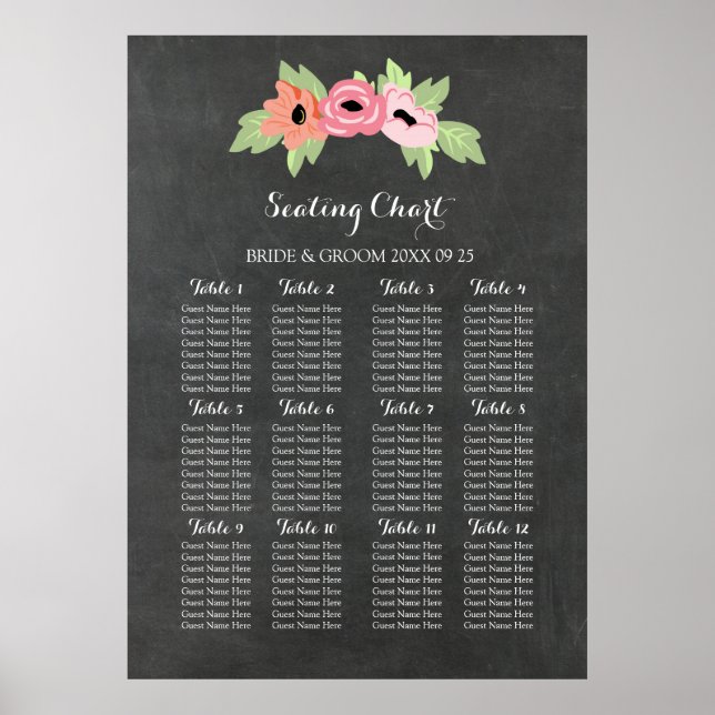 Seating Chart 12 Tables 96 Guest Chalkboard Floral (Front)