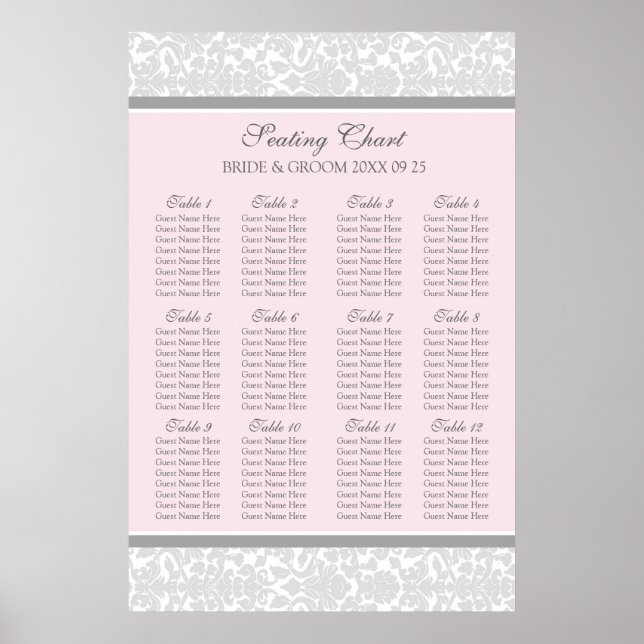 Seating Chart 12 Tables 96 Guests Pink Grey Damask (Front)