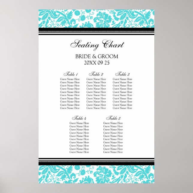 Seating Chart 5 Tables Aqua Black Damask (Front)