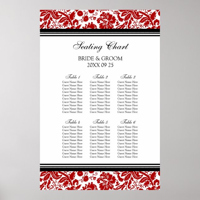 Seating Chart 6 Tables 60 Guest Red Black Damask (Front)