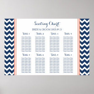 Seating Chart 8 Tables Coral Blue Chevron