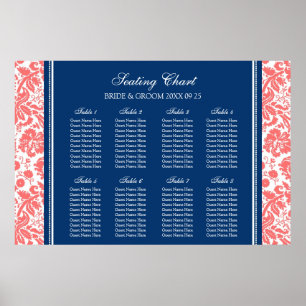 Seating Chart 8 Tables Coral Blue Damask