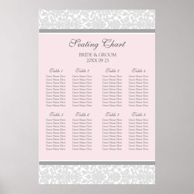 Seating Chart 8 Tables Pink Grey Damask (Front)