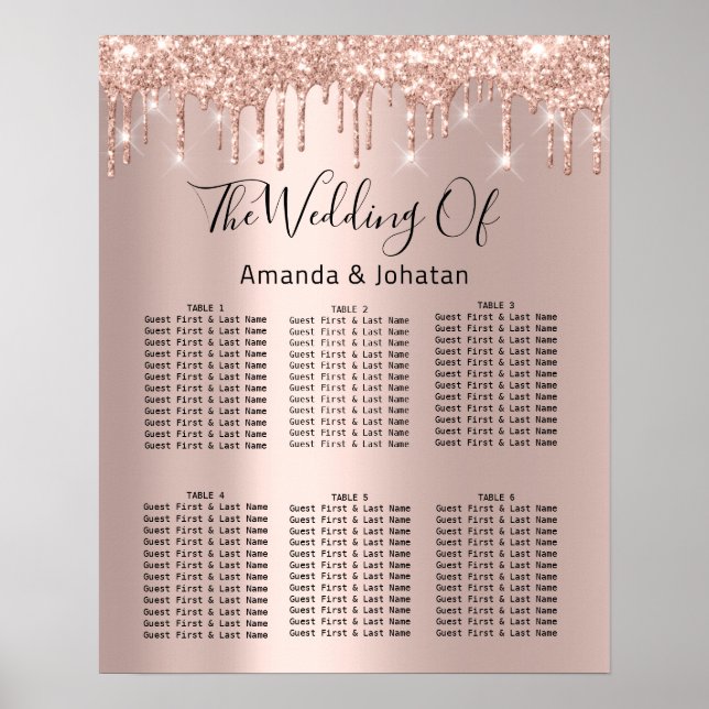 Seating Chart Black Wedding Bridal Drips Rose Gold (Front)