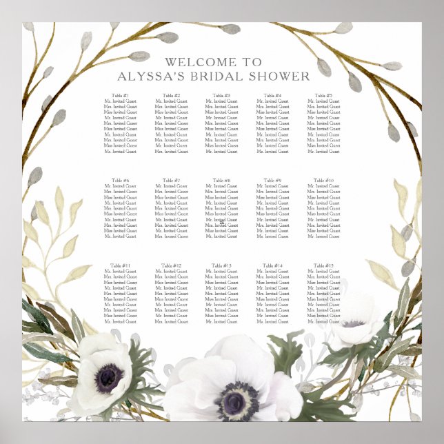 Seating Chart Elegant White Anemone Willow Floral (Front)