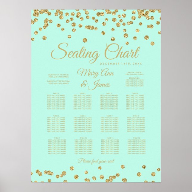 Seating Chart Gold Faux Glitter Confetti Mint (Front)