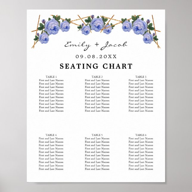Seating Chart Gold Geometric Blue Floral Wed 60 (Front)