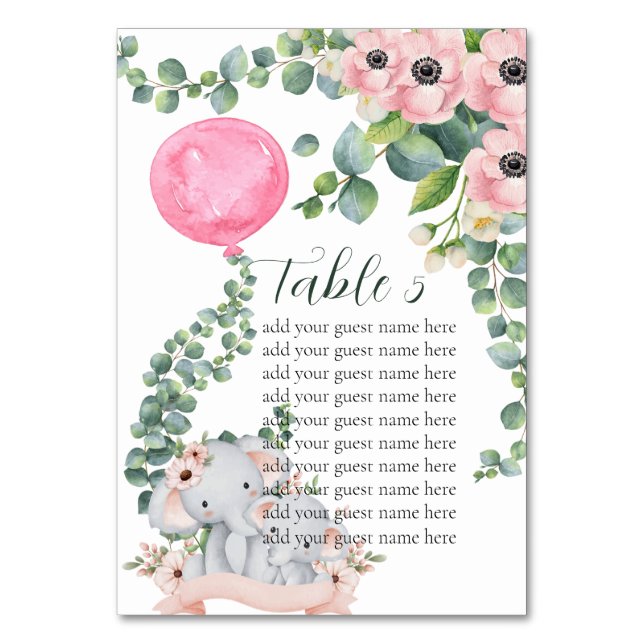 Seating Chart Pink Balloon Eucalyptus Elephant  Table Number (Front)