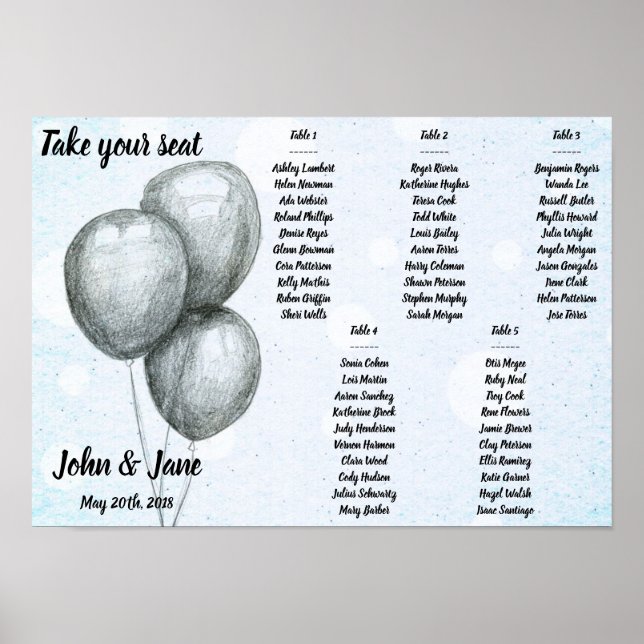 Seating Chart Poster - BW Balloons Design (Front)