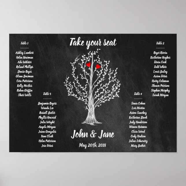 Seating Chart Poster - Tree and red hearts Design (Front)