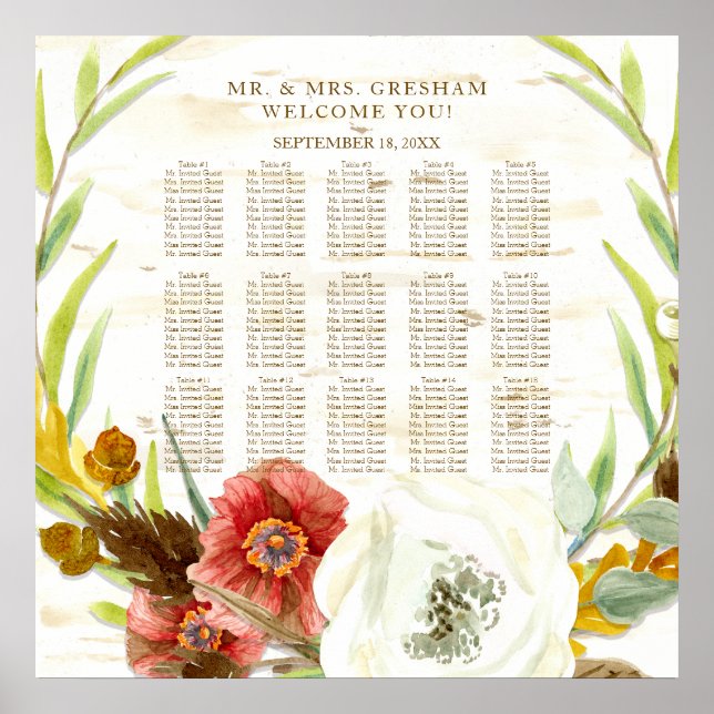 Seating Chart Rustic BOHO Bohemian Wreath Birch (Front)