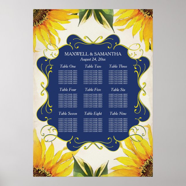 SEATING CHART, Sunflower & Navy Blue Poster (Front)