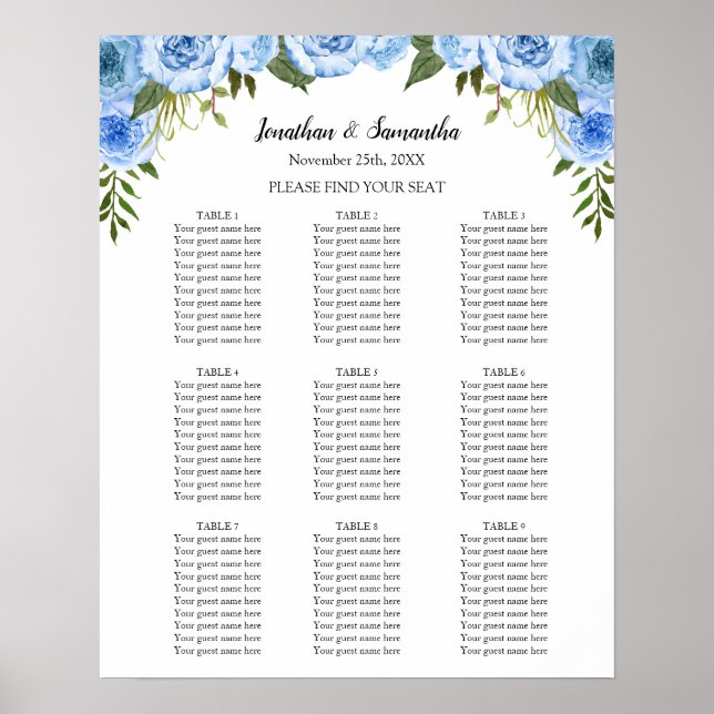 Seating Chart Wedding Ceremony Blue Flowers sign (Front)